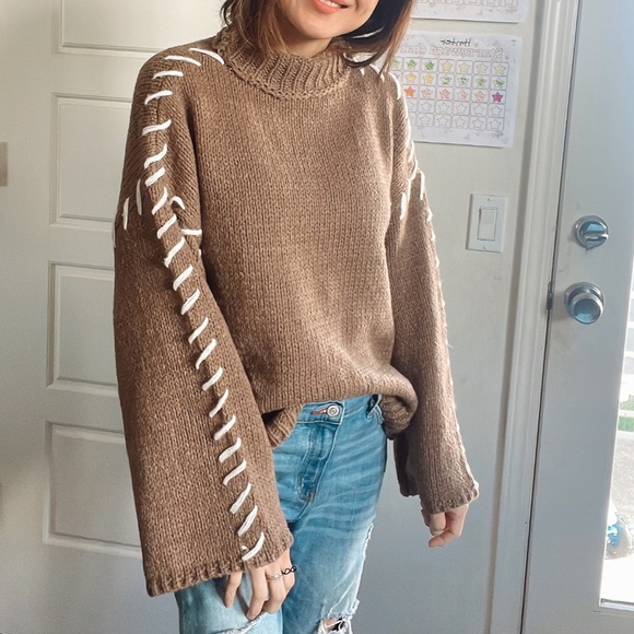 Cozy Mocha Brown Stitched Detail Turtleneck Sweater Top - Picture 7 of 13